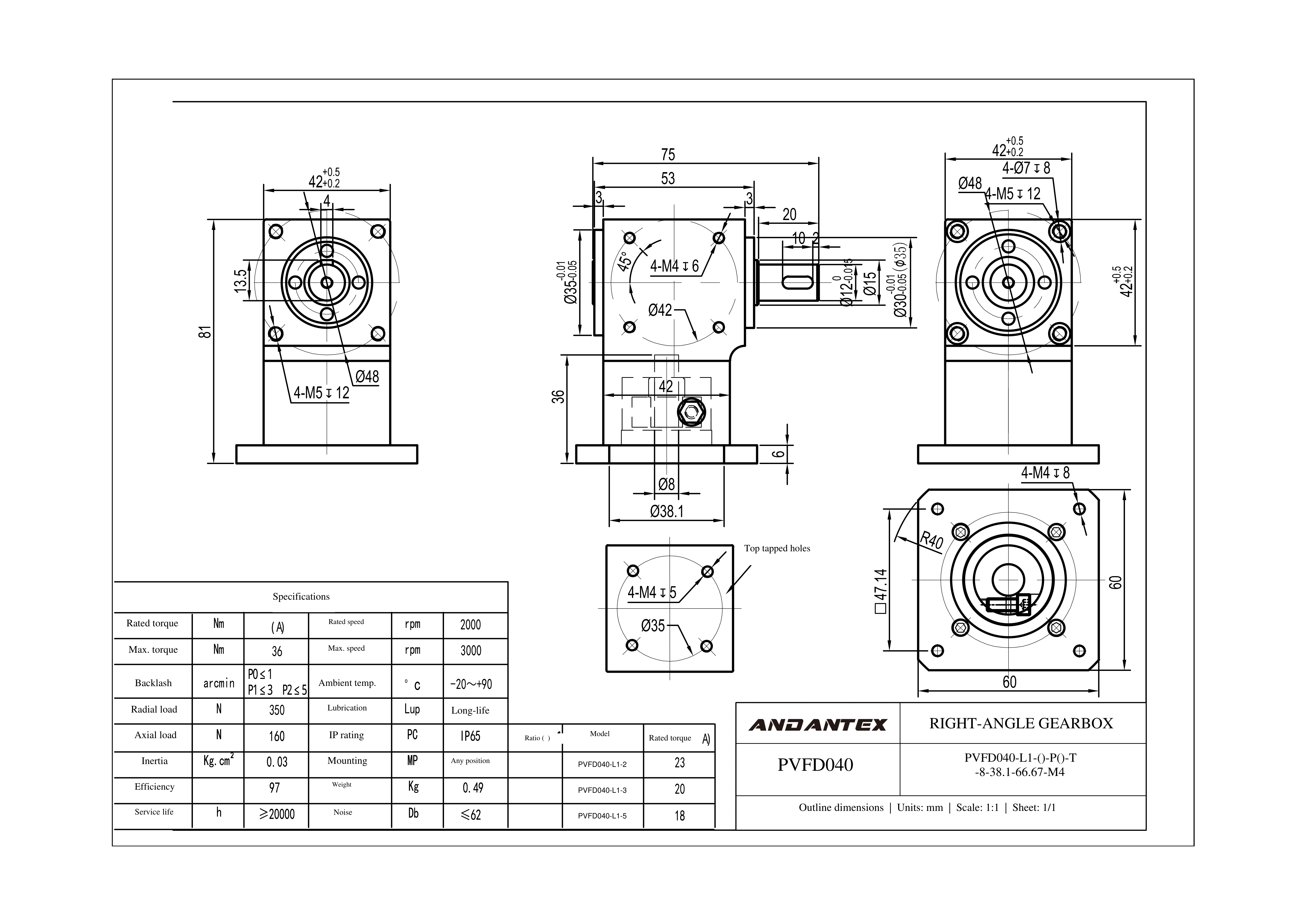 恩坦斯特 ANDANTEX PVFD040 减速机 L1一级 PVFD40-L1-T-8-38.1-66.67-M4-配57步进-113 2D安装尺寸图