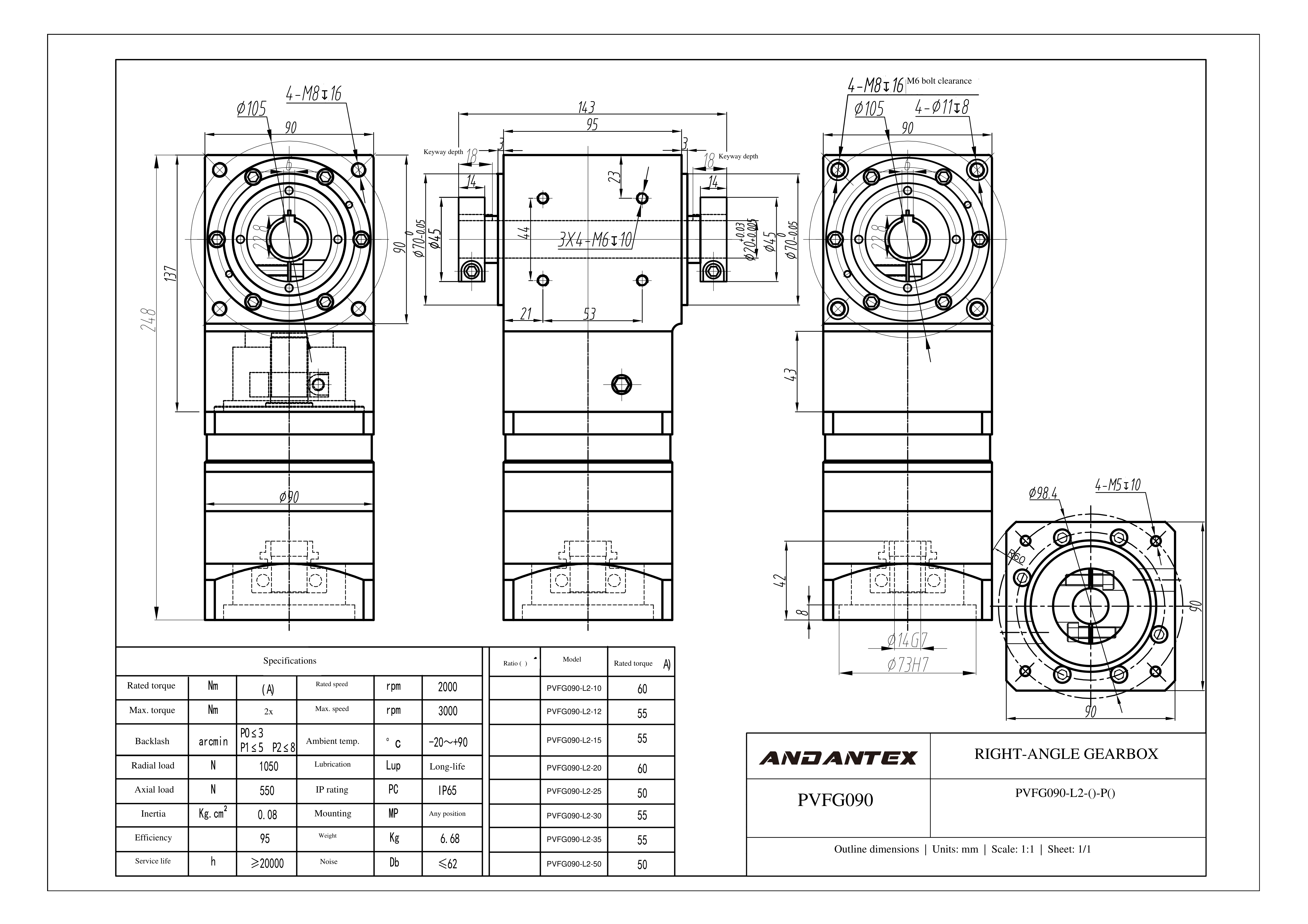恩坦斯特 ANDANTEX PVFG090 减速机 L2二级 PVFG090-L2-14-73-98.4-M5双孔-配86步进-113 2D安装尺寸图