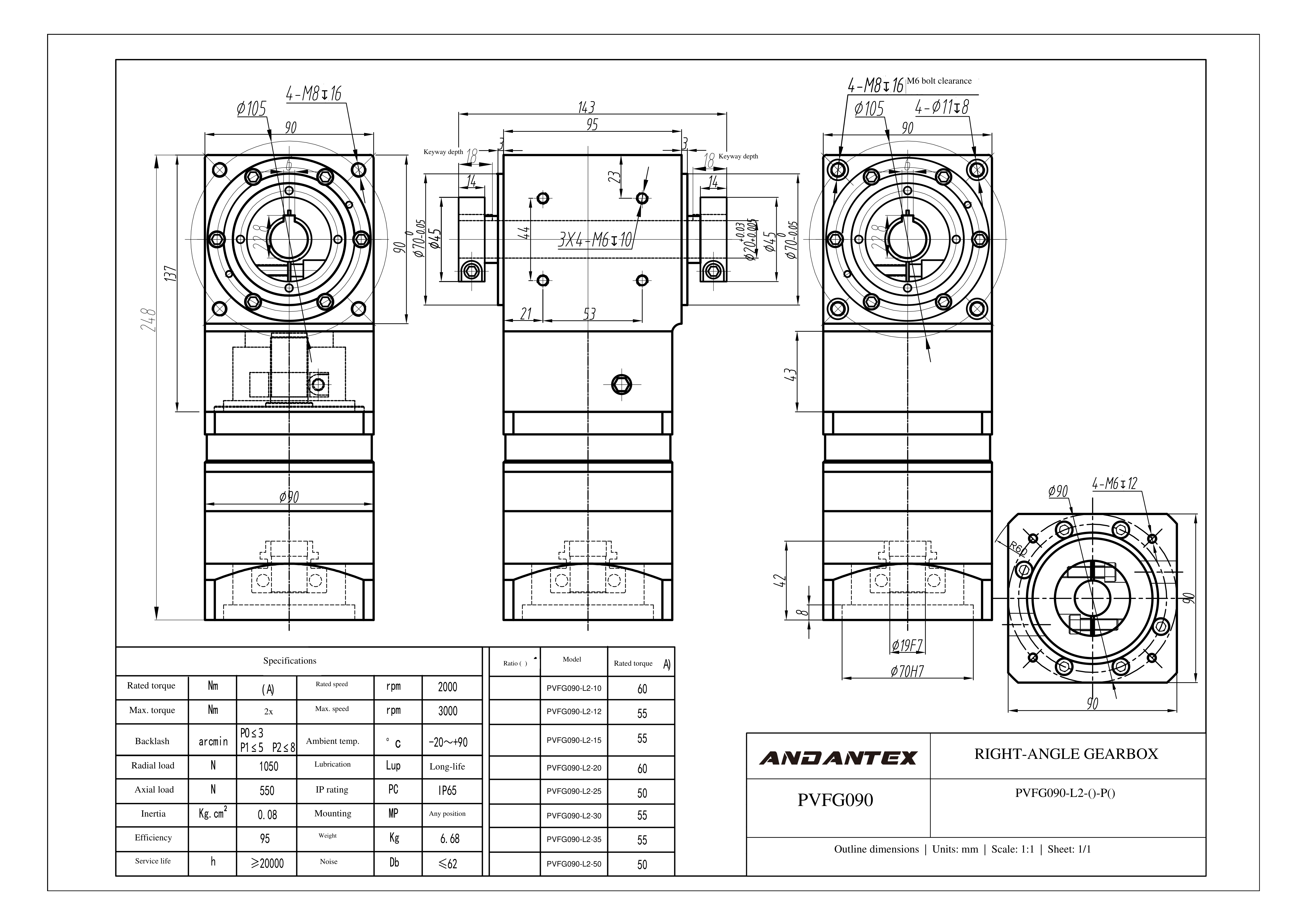 恩坦斯特 ANDANTEX PVFG090 减速机 L2二级 PVFG090-L2-19-70-90-M6双孔-113 2D安装尺寸图