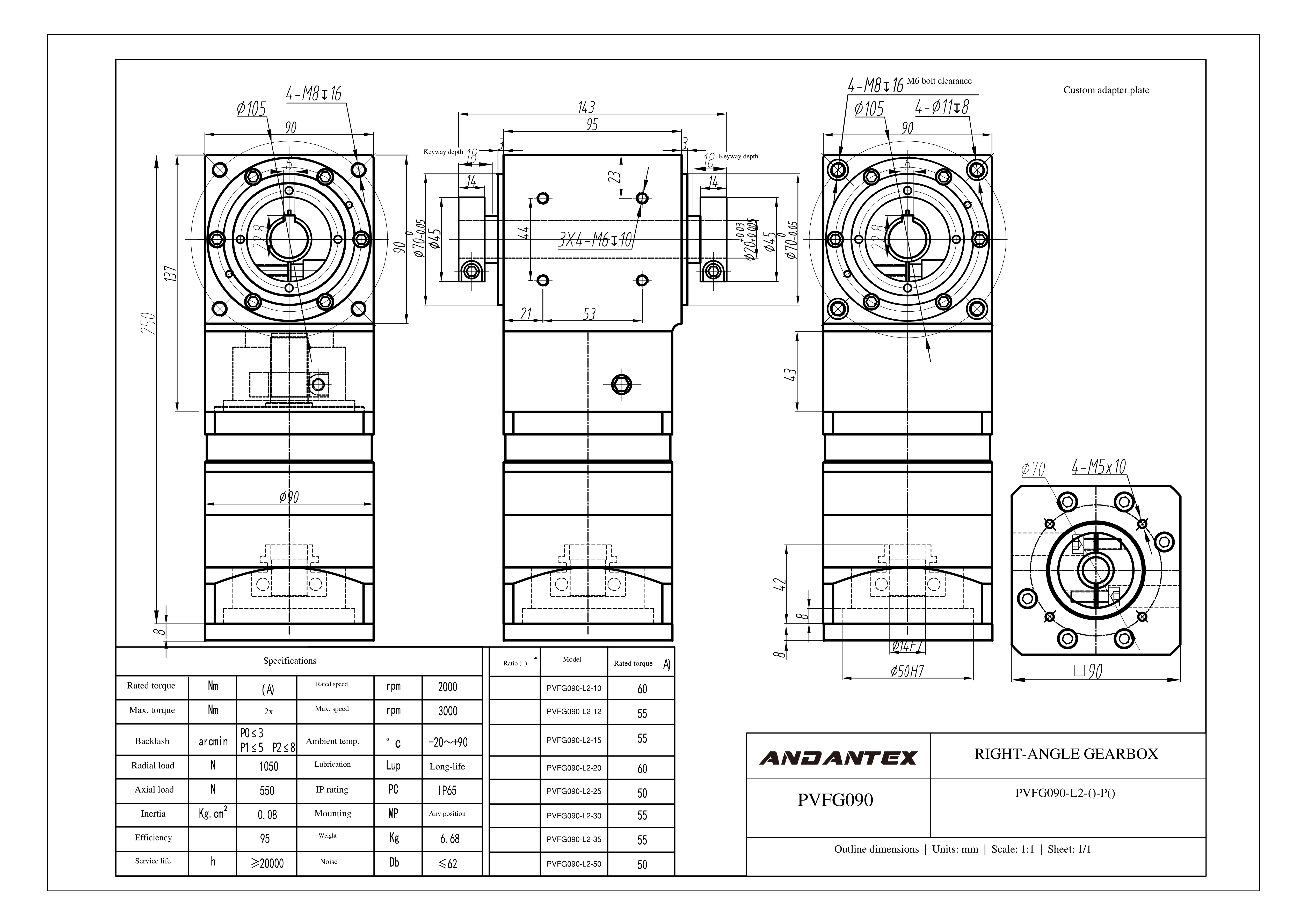 恩坦斯特 ANDANTEX PVFG090 减速机 L2二级 PVFG090-L2-T-14-50-70-M5-转接板-113 2D安装尺寸图