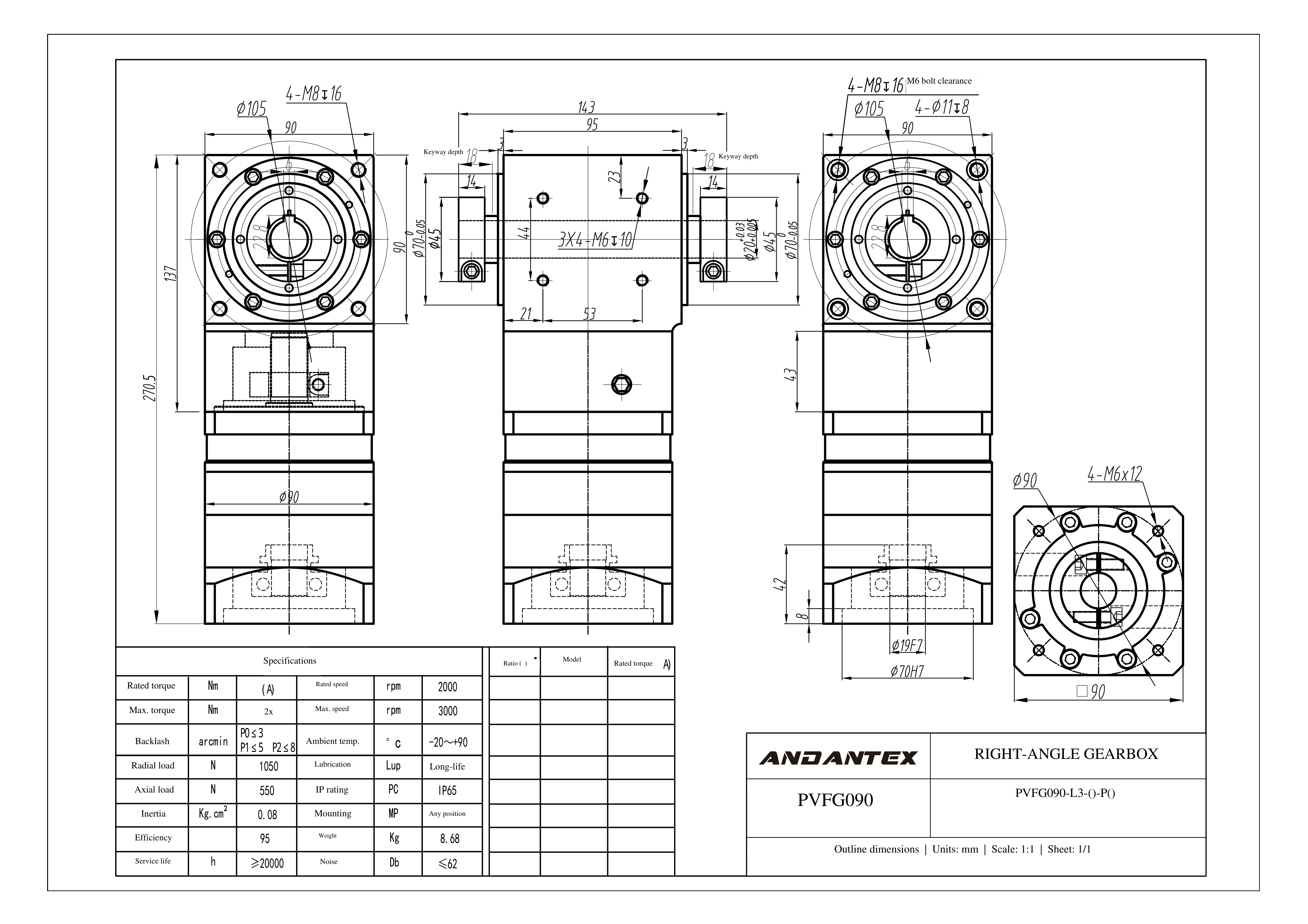 恩坦斯特 ANDANTEX PVFG090 减速机 L3 PVFG090-L3-19-70-90-M6双孔-113 2D安装尺寸图