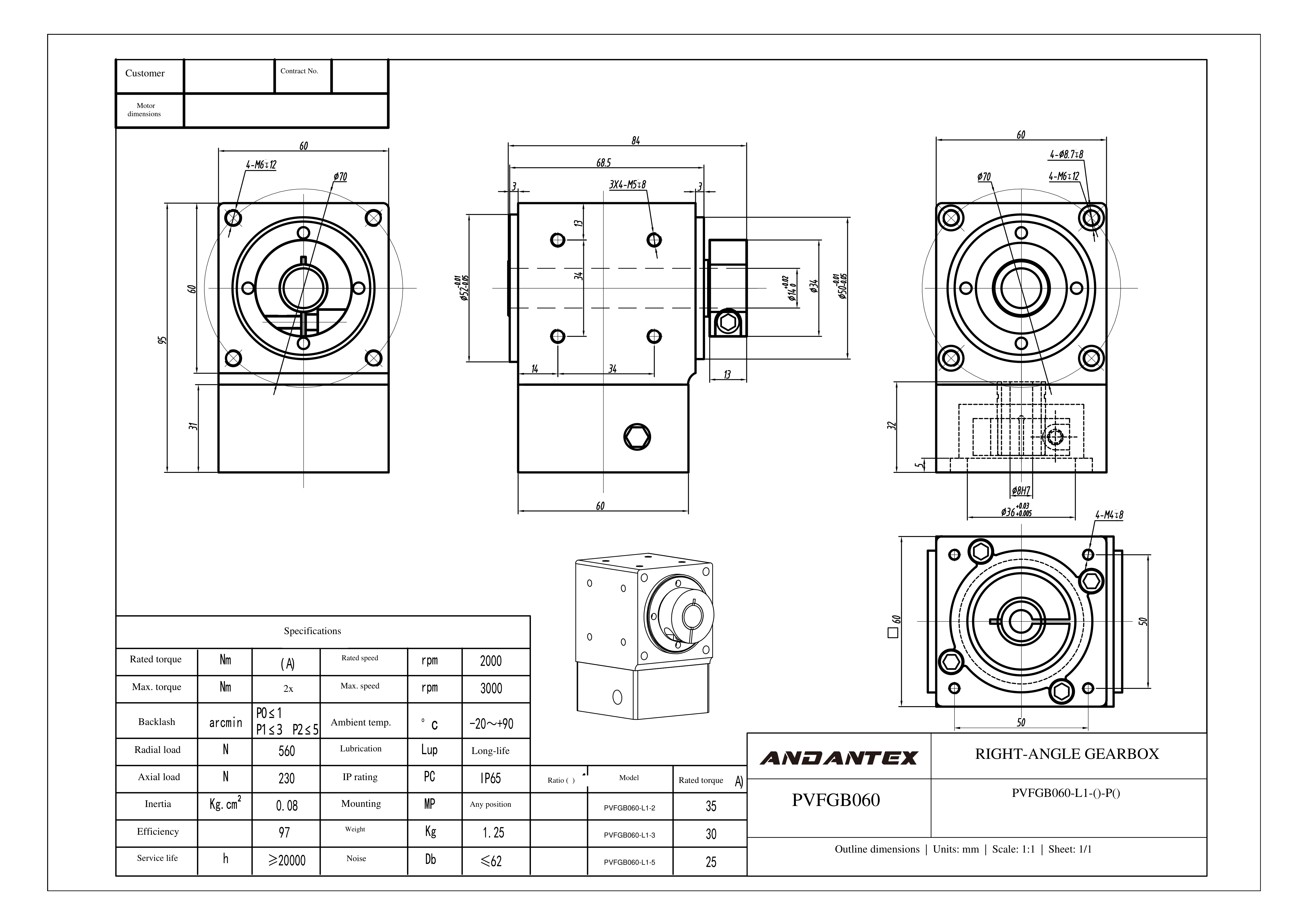 恩坦斯特 ANDANTEX PVFGB060 减速机 L1一级 PVFGB060-L1-8-36-M4单孔-For-60mm-Stepper-113 2D安装尺寸图