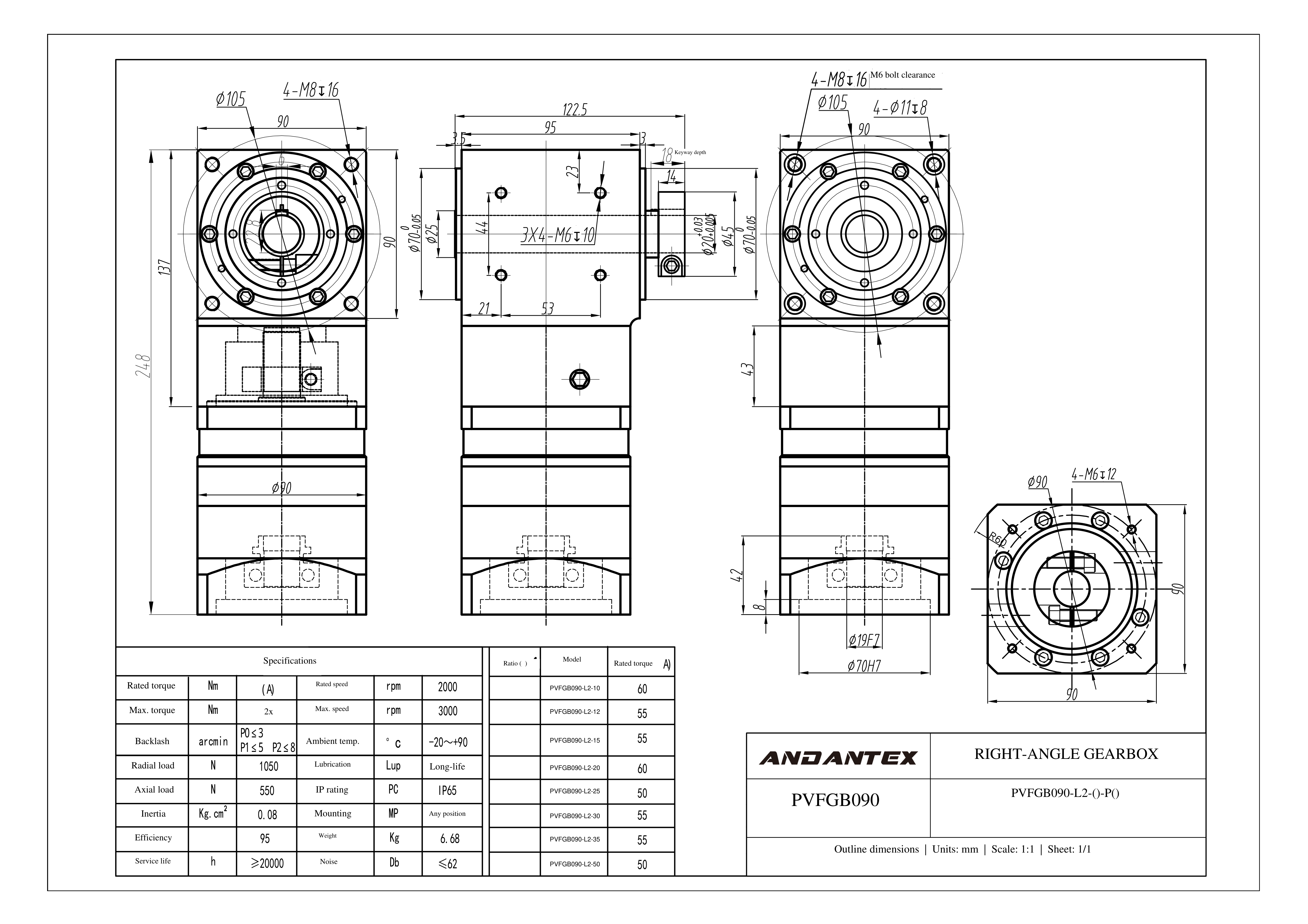 恩坦斯特 ANDANTEX PVFGB090 减速机 L2二级 PVFGB090-L2-19-70-90-M6单孔-113 2D安装尺寸图