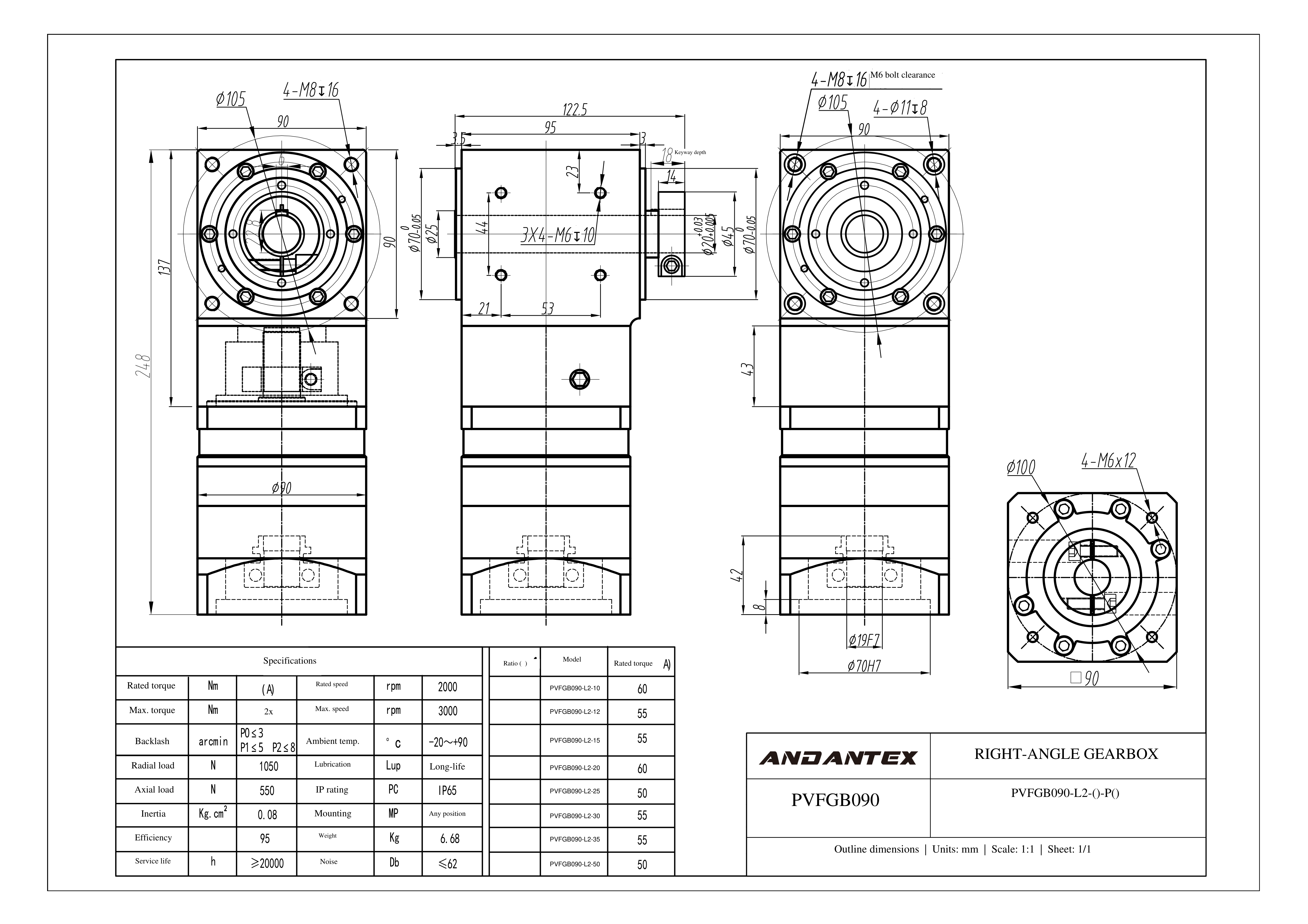恩坦斯特 ANDANTEX PVFGB090 减速机 L2二级 PVFGB090-L2-19-80-100-M6单孔-113 2D安装尺寸图
