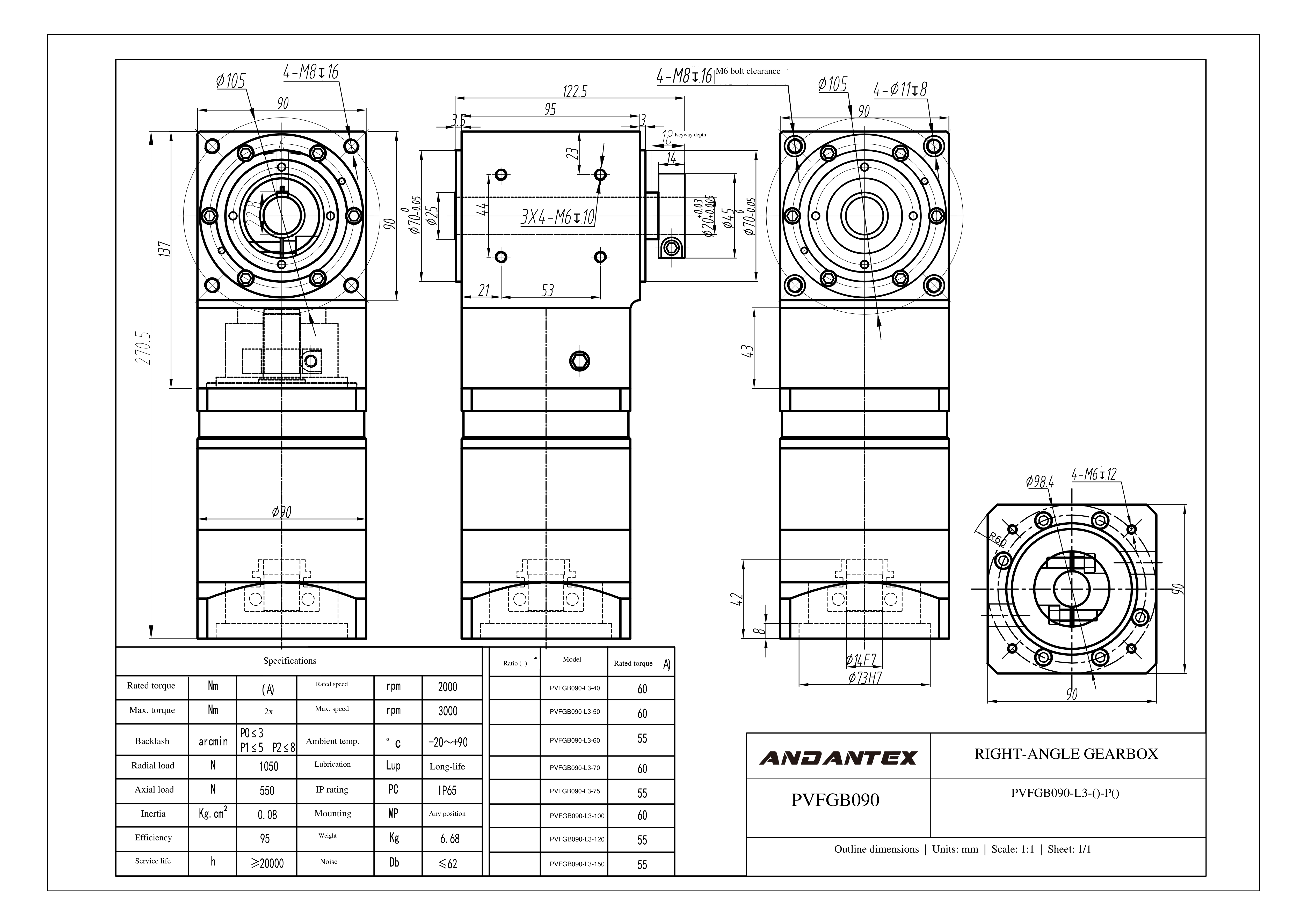 恩坦斯特 ANDANTEX PVFGB090 减速机 L3 PVFGB090-L3-14-73-98.4-M6单孔-113 2D安装尺寸图