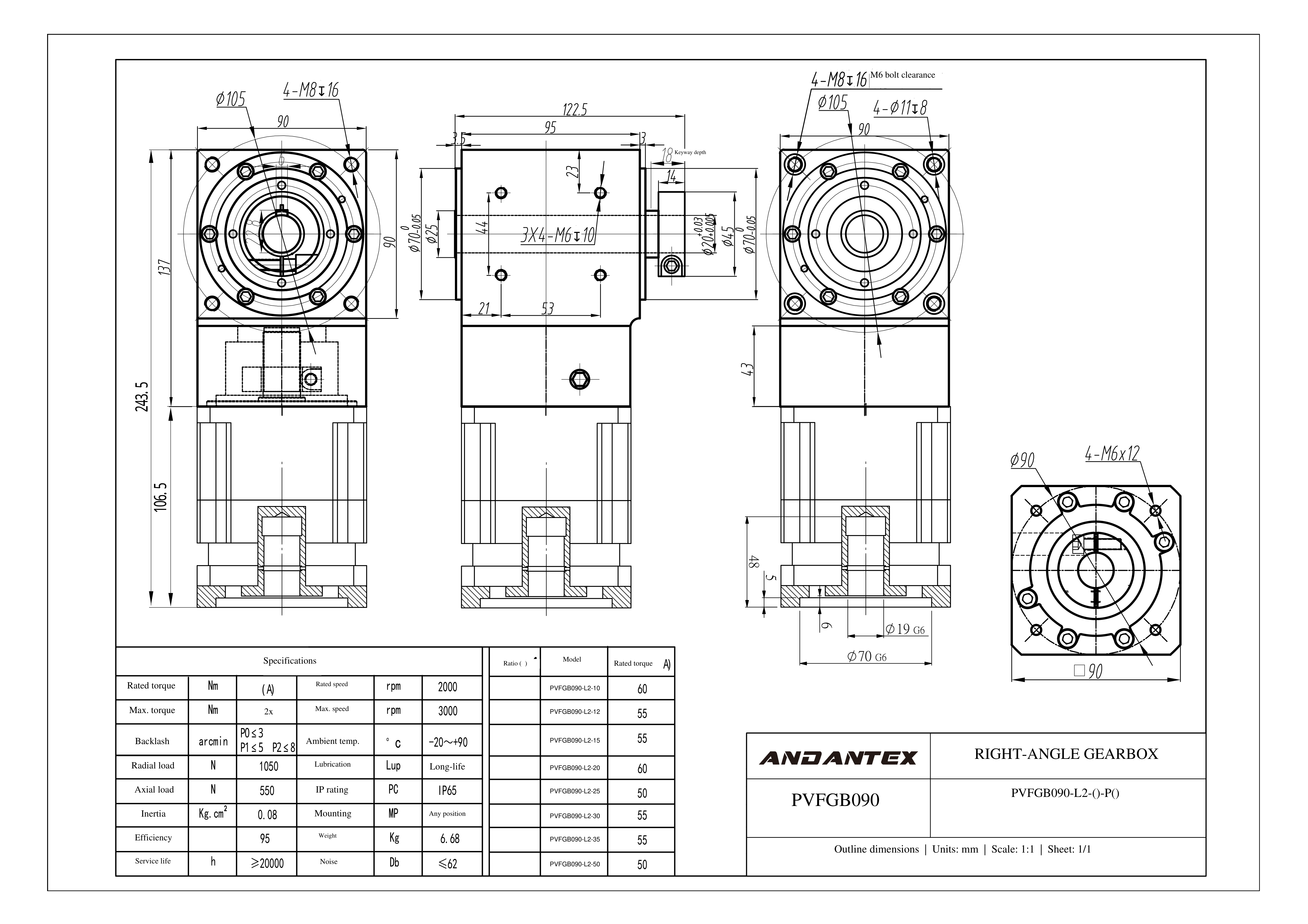 恩坦斯特 ANDANTEX PVFGB090 减速机 L1一级 PVFGB090-MAB90-L1-19-70-90-M6-113 2D安装尺寸图