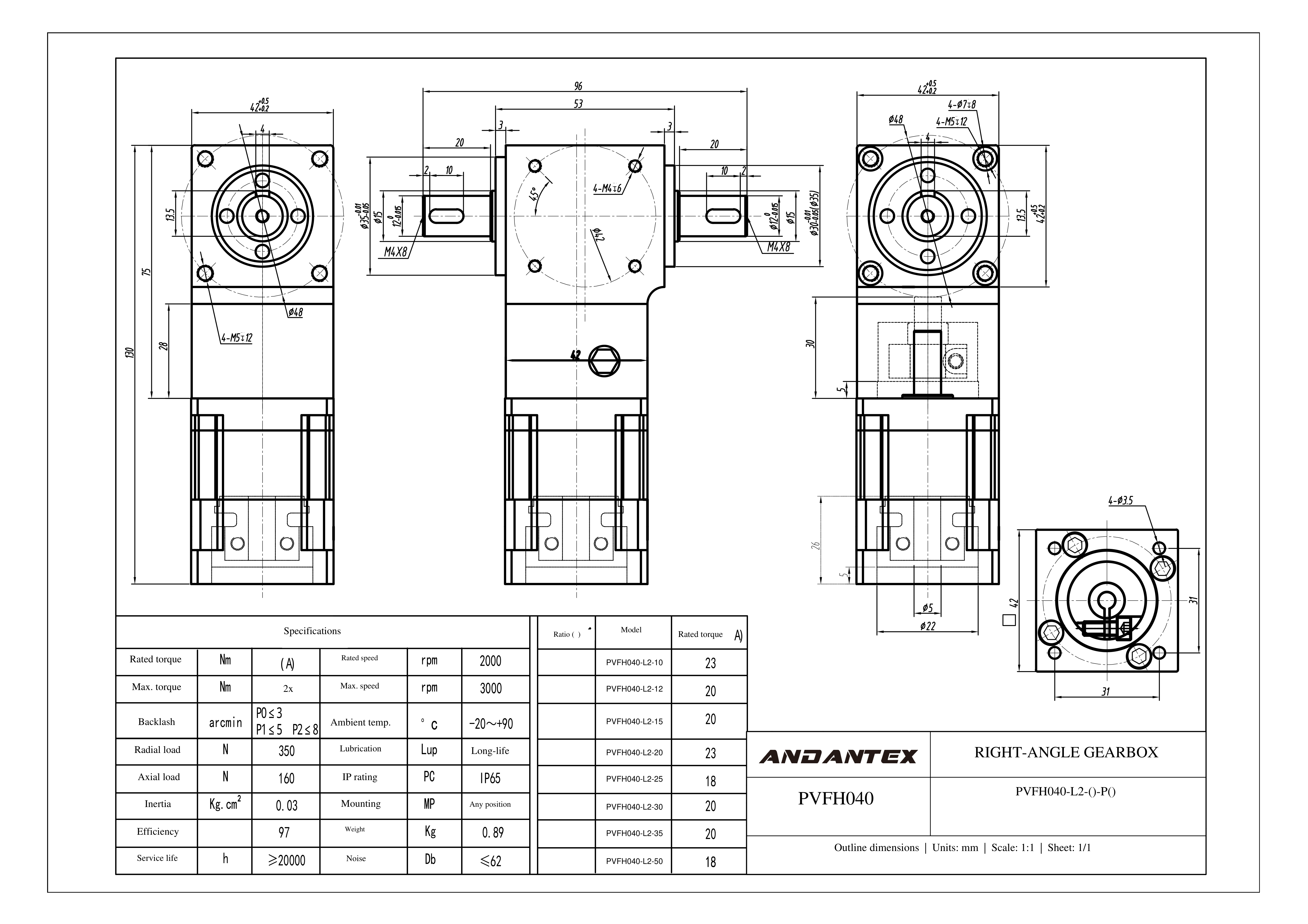 恩坦斯特 ANDANTEX PVFH040 减速机 L2二级 PVFH040-L2-5-22-3.5-43.8-配42步进-113 2D安装尺寸图