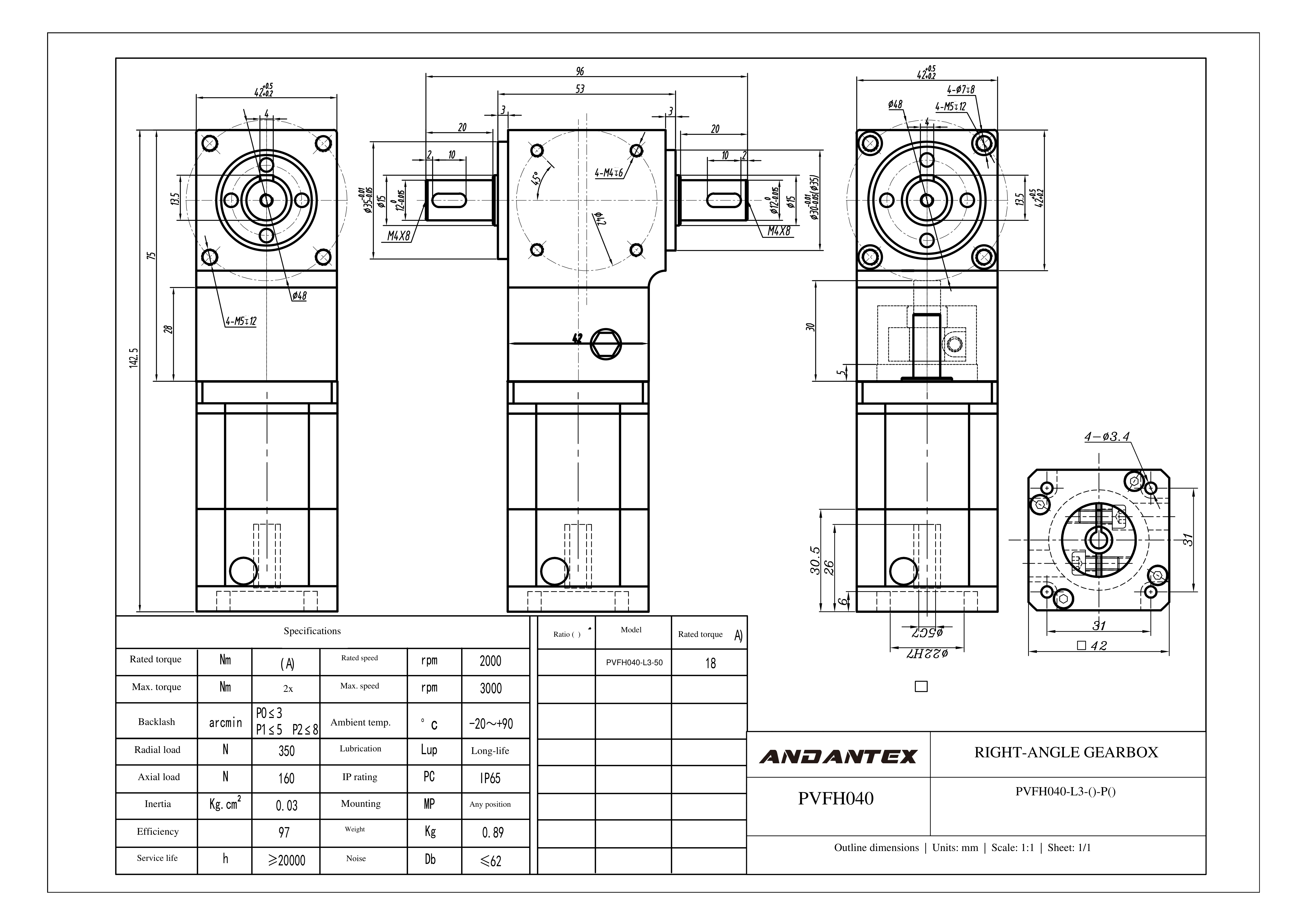 恩坦斯特 ANDANTEX PVFH040 减速机 L3 PVFH040-L3-5-22-3.5-43.8-配42步进-113 2D安装尺寸图
