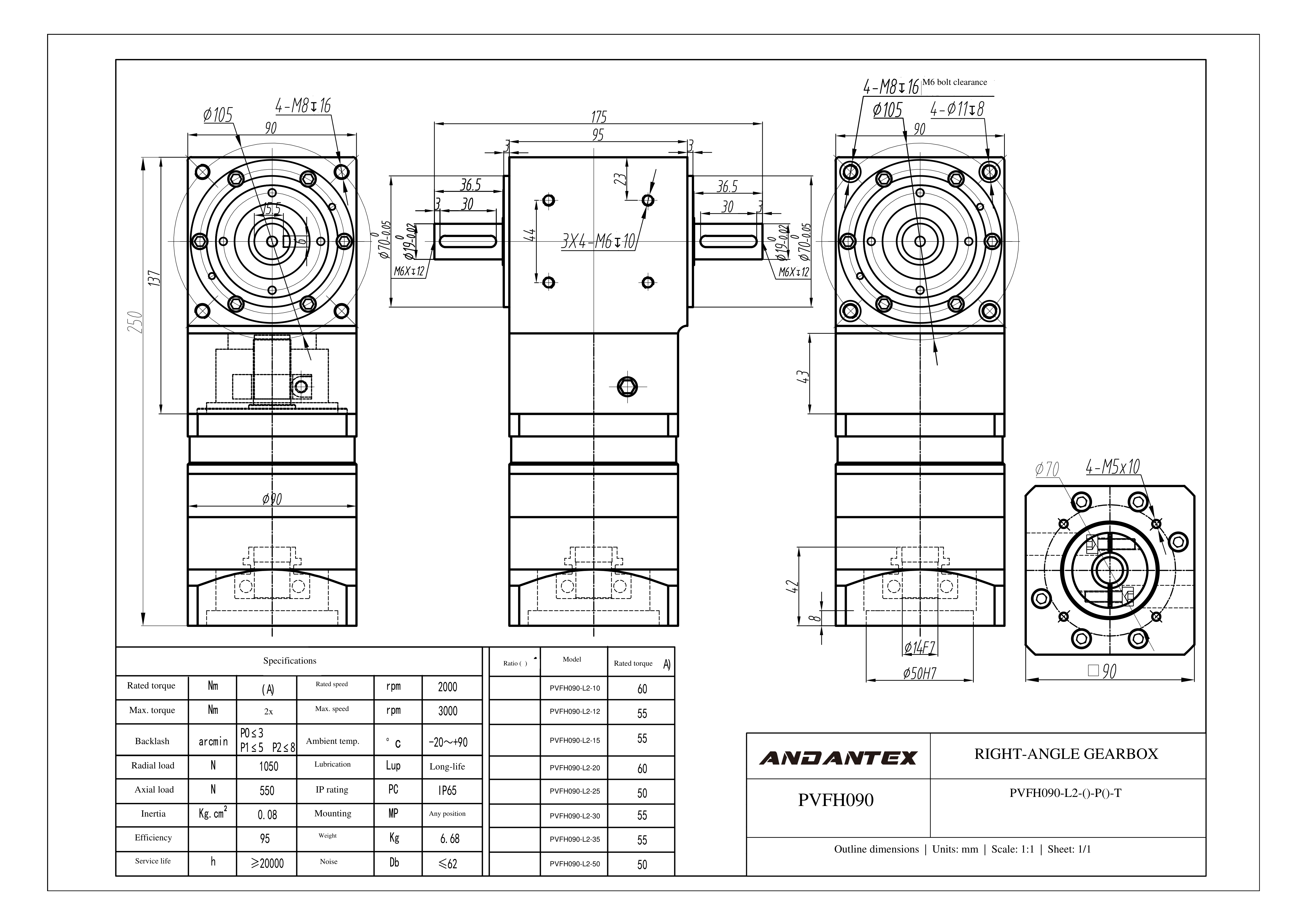 恩坦斯特 ANDANTEX PVFH090 减速机 L2二级 PVFH090-L2-14-50-70-M5-113 2D安装尺寸图