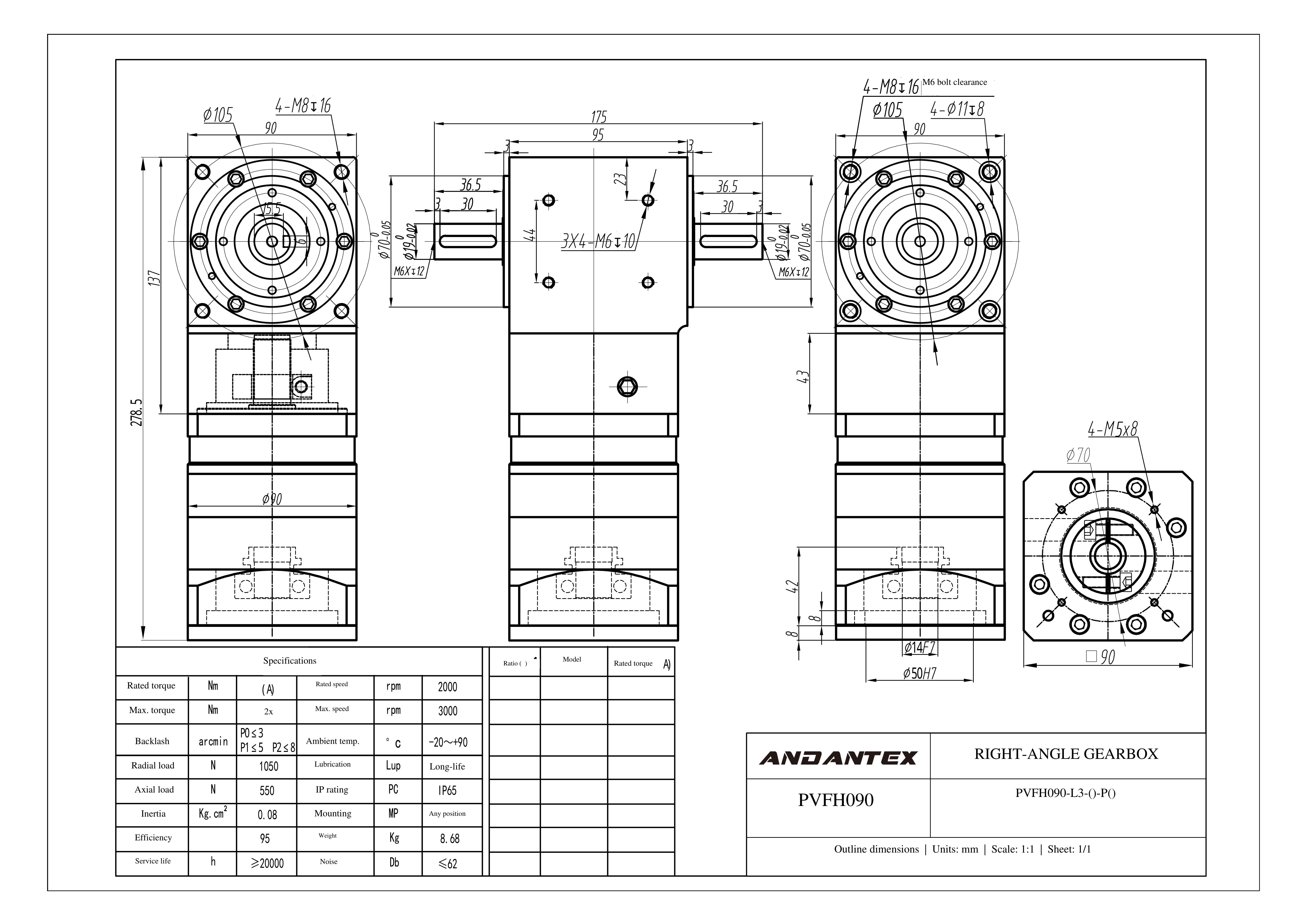 恩坦斯特 ANDANTEX PVFH090 减速机 L3 PVFH090-L3-14-50-70-M5转接板-113 2D安装尺寸图