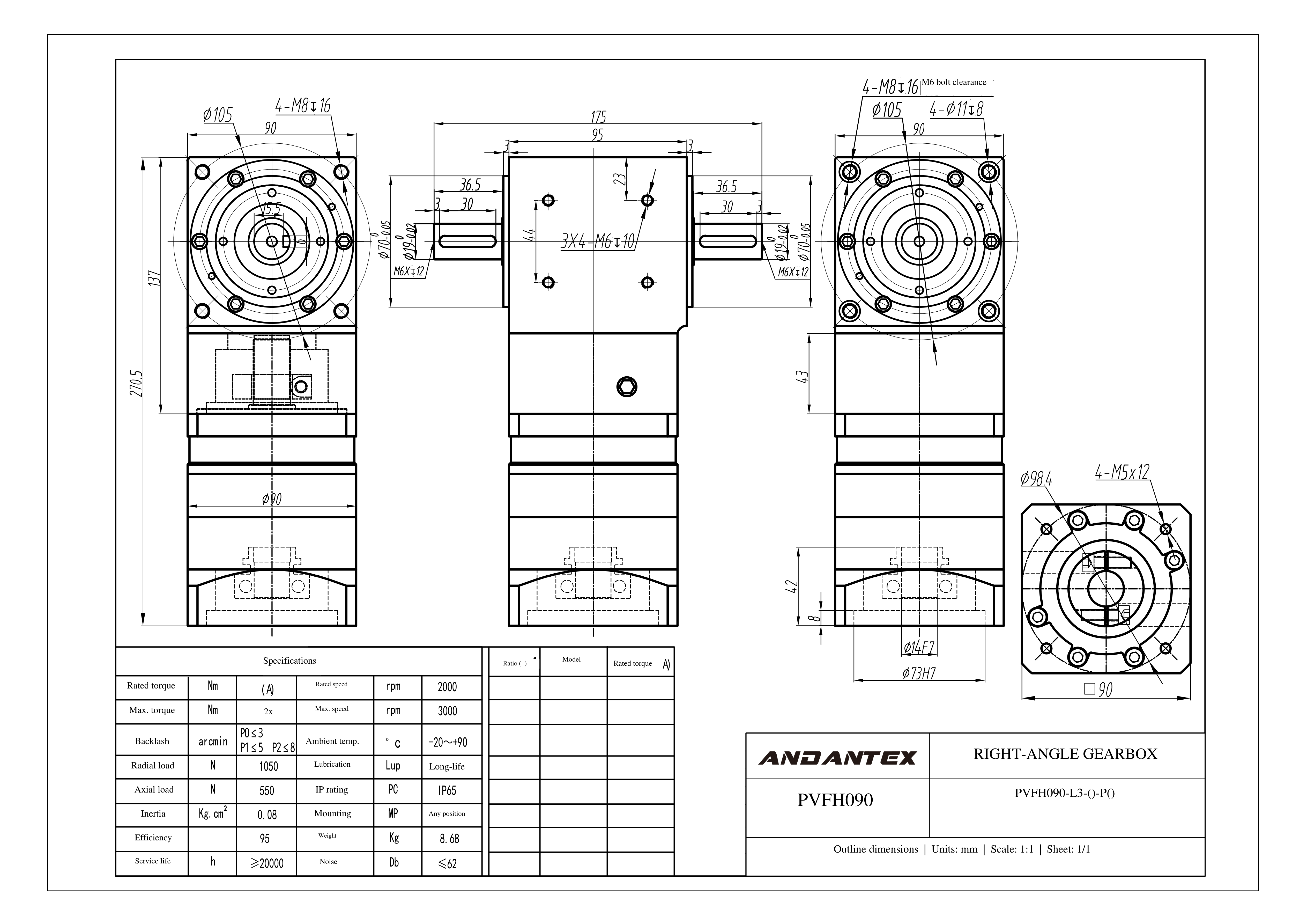 恩坦斯特 ANDANTEX PVFH090 减速机 L3 PVFH090-L3-14-73-98.4-M5双轴-113 2D安装尺寸图